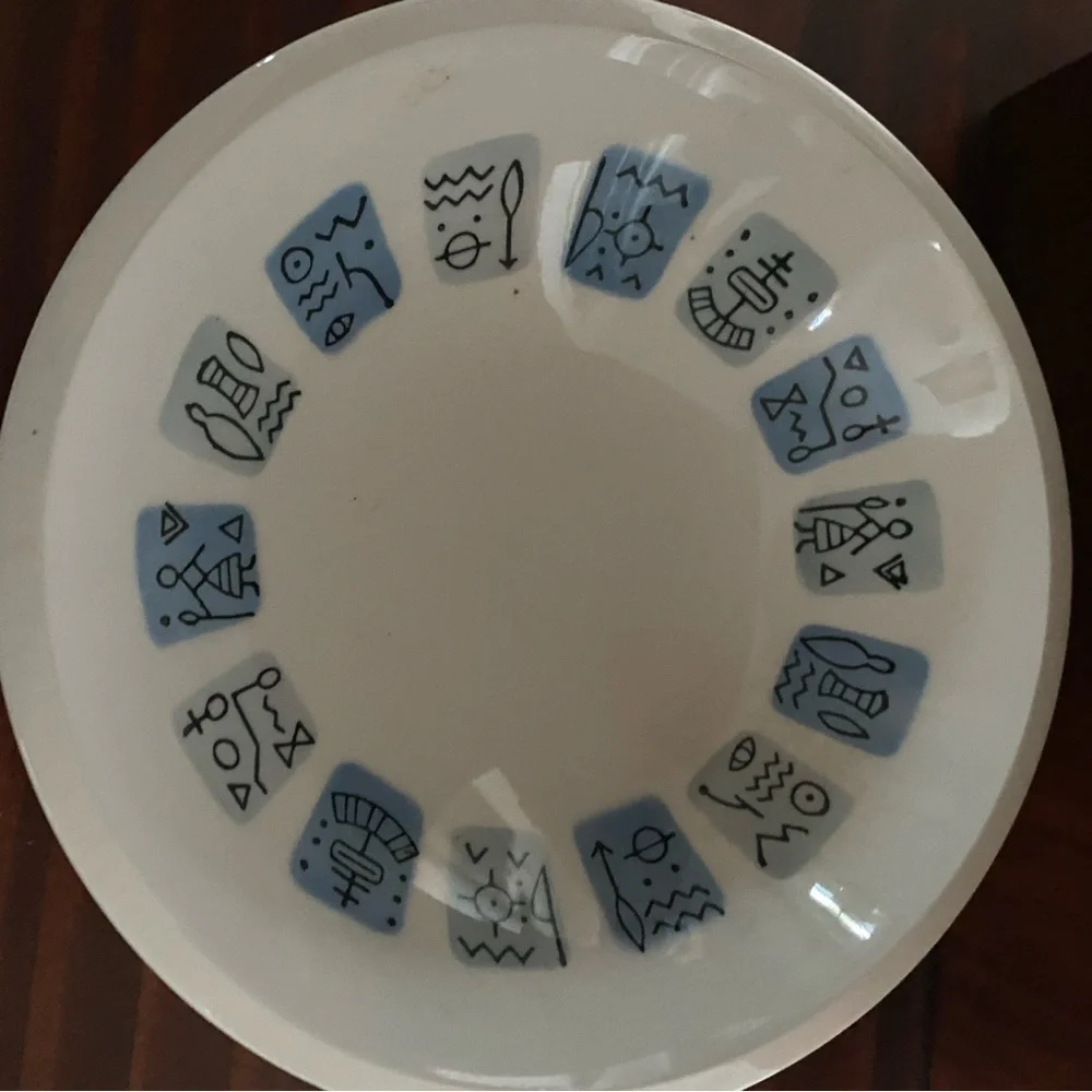 3 Rare Vintage Nola Ware Hand Painted Atomic Art Deco 3”Blue White Bowls MCM